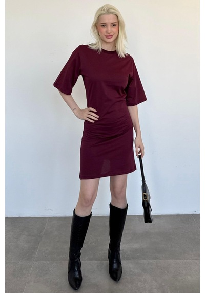 Madmext Bordo Bisiklet Yaka Yarım Kollu Kadın Tişört Elbise Mg2656 Bordo