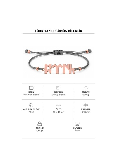 Türk Ruhu Göktürkçe Gümüş Bileklik Rose Pembe