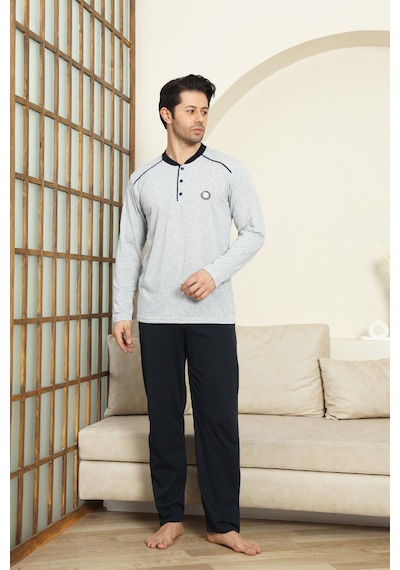 Enisena Erkek %100 Pamuklu Pijama Takımı-3 Düğmeli-12440 Gri