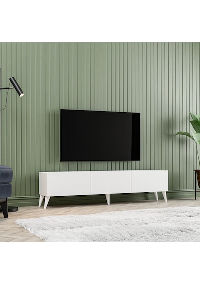 1240 Eva 3 Kapaklı Kulpsuz 150 Cm Ayaklı Tv Ünitesi Beyaz