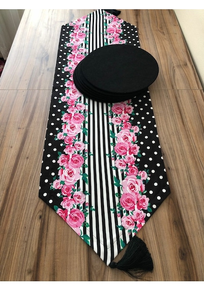 Siyah Zemin Pembe Gül Desenli Runner & Siyah Supla Çok Renkli