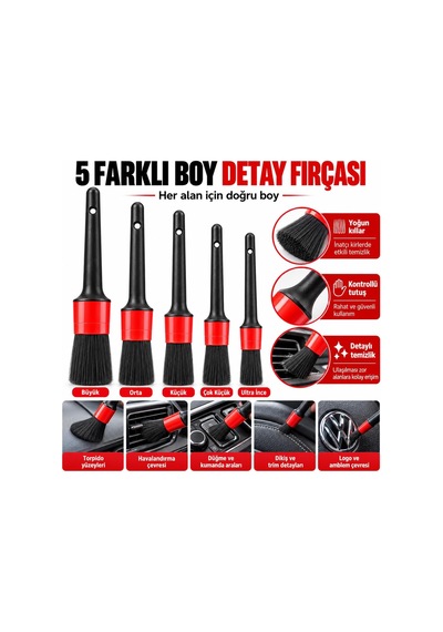 7 Parça Profesyonel Oto Detay Temizlik Fırça Seti - 5 Farklı Boy Detay Fırçası, 1 Adet Lastik Ve Jant Fırçası, 1 Adet İnce Temizlik Fırçası - Araç İçi, Klima, Jant Ve Derz Temizleme Seti