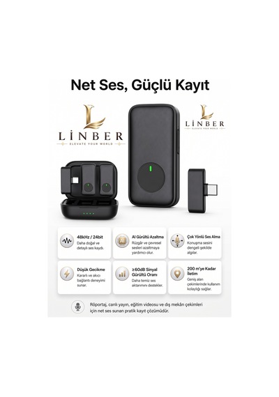 Siyah Kablosuz Yaka Mikrofonu Type-c Girişli Şarj Kutulu 2 Verici 1 Alıcı 48khz 24bit Gürültü Engellemeli. Siyah Siyah