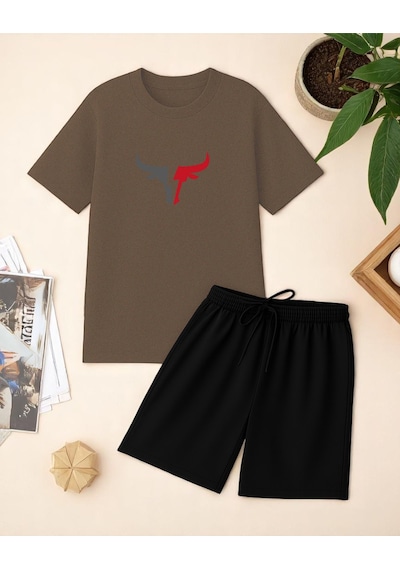 Uyguntarz Unisex Boğa Baskılı Tasarım Şort Takım Kahverengi