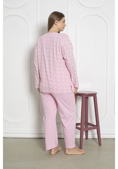 SEBOTEKS %100 Pamuklu Uzun Kollu Boydan Düğmeli Büyük Beden Kadın Pijama Takımı 206 Pembe