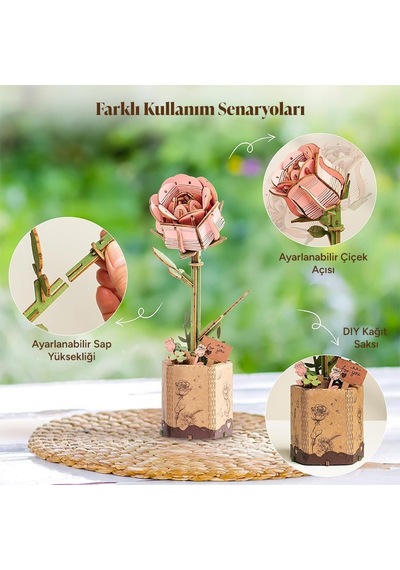 Rowood Tw041 Pembe Gül Pink Rose Dıy Minyatür Maket Model Seti Ahşap 3d Wooden Puzzle 3d Model Kit Ahşap Maket Dekoratif Hobi Seti