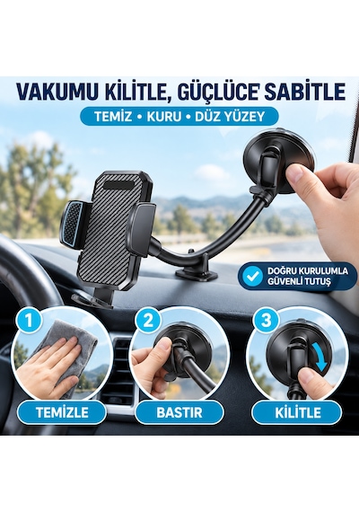 Dexxony Hp-a06 30 Cm Uzun Boyunlu Vakumlu Araç İçi Telefon Tutucu 360 Döner Başlık Siyah