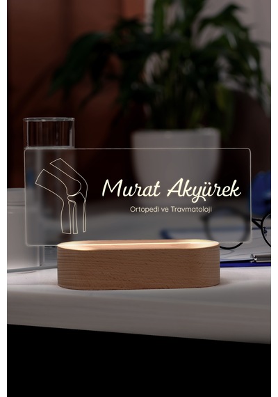 Doktorlar İçin Kişiye Özel Led Masa İsimliği Masif Ahşap Tabanlı Usb Kablolu Pleksi Led Gece Lambası