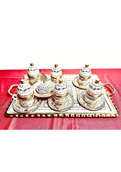 6lı Bakır Düz Fincan Takımı,lokumluk,kare Tepsi