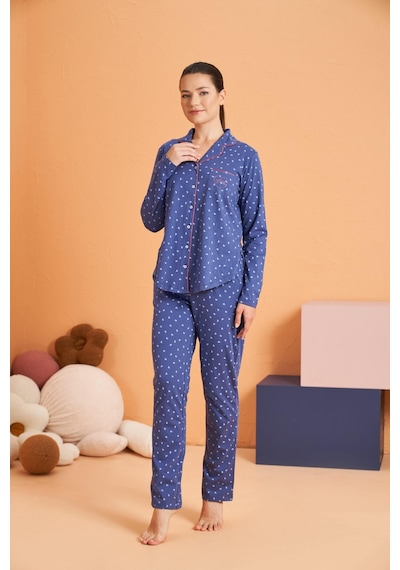 Pjs Kadın Anne-kız Kalpli Önden Düğmeli Gömlek Yaka Uzun Kollu Pijama Takım mavi