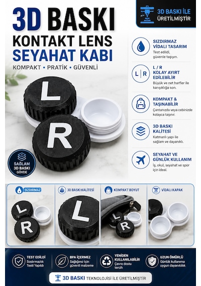 3d Baskı Kontakt Lens Saklama Ve Seyahat Kabı L/r Vidalı Kapak