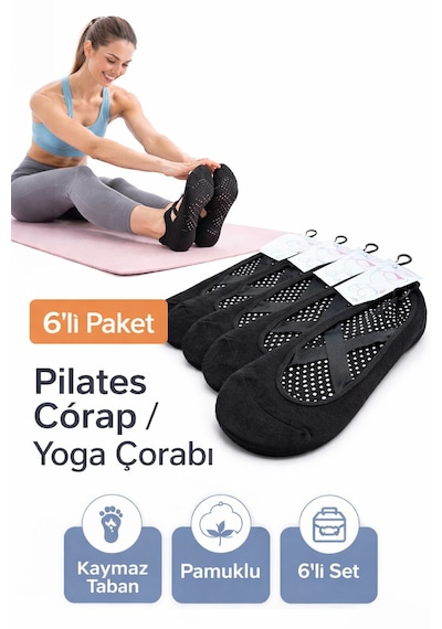 Emre Kadın Pilates Çorabı 6 Lı Set Kaymaz Tabanlı, Pamuklu Yoga & Spor Çorabı Renkli Paket Siyah