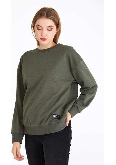 MMetalic Kadın Haki Renk Basic Bisiklet Yaka Sweatshirt