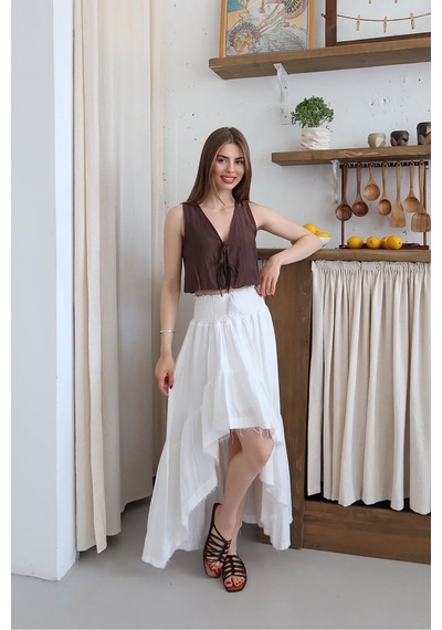 Neşeli Butik Kadın Müslin Kumaş Asimetrik Etek Nbnp011 Beyaz