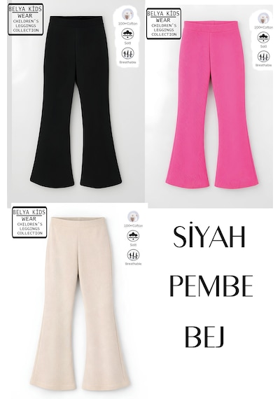 Belyakidswear 3 Lü Paket Pamuğa Pamuk Kız Çocuk Fitilli Tayt Siyah,pembe,bej