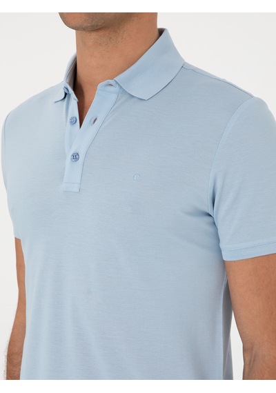 Buz Mavisi Slim Fit Polo Yaka Pamuklu Basic T-shirt Acık Mavı