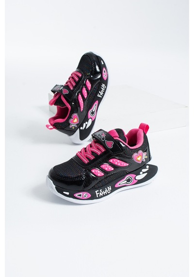 Polomia Comfort Luvy Kız Çocuk Siyah Pembe Kalp Figürlü Cırtlı Kreş Ve Anaokulu Spor Ayakkabı