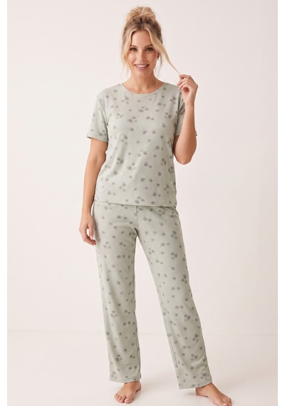 Siyah İnci Pamuklu Fitilli Kaşkorse Örme Pijama Takım 26120402 Yeşil