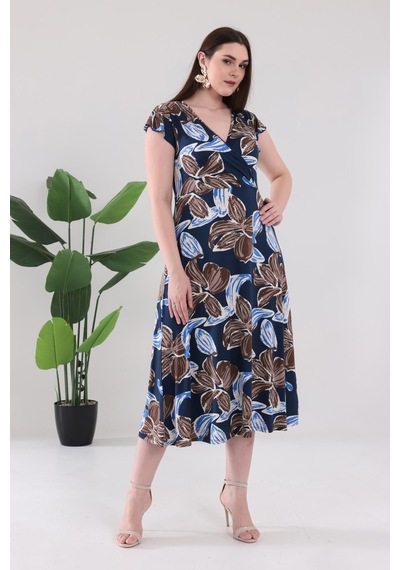Madwilo Kadın Lacivert Floral Desen Fırfır Kol Kruvaze Yaka Büyük Beden Esnek Maxi Elbise