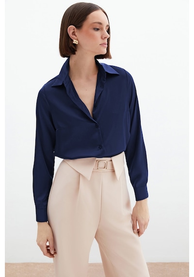 Sateen Saten Gömlek - Lacivert-135996 Lacivert