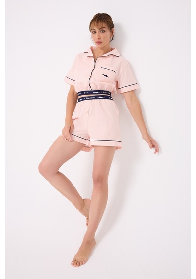 Lespadon Marısılk Seastrıpe Kadın Yazlık Şortlu Crop Gömlekli Pijama & Lounge Takımı-3201 Pembe