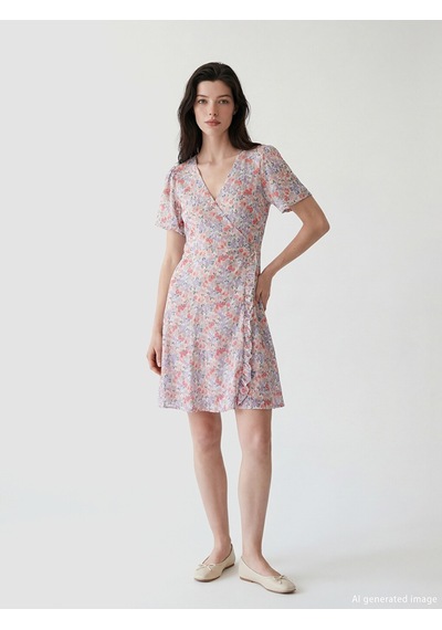 Lcw Comfort Lila Kruvaze Yaka Çiçekli Belden Oturtmalı Mini Elbise