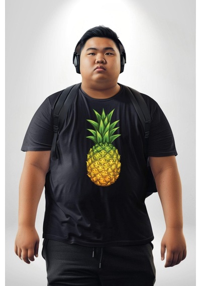 Angemiel Ananas Meyve Siyah Büyük Beden Erkek Kadın Unisex Basic Ön Baskılı Tişört Siyah