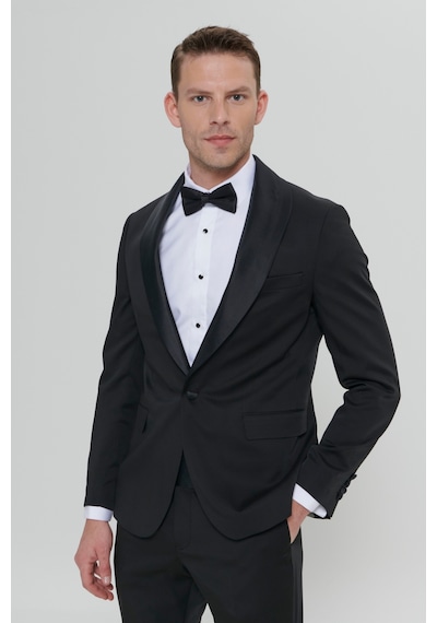 AC&Co / Altınyıldız Classics Slim Fit Dar Kesim Şal Yaka Armürlü Siyah Smokin Takım 001