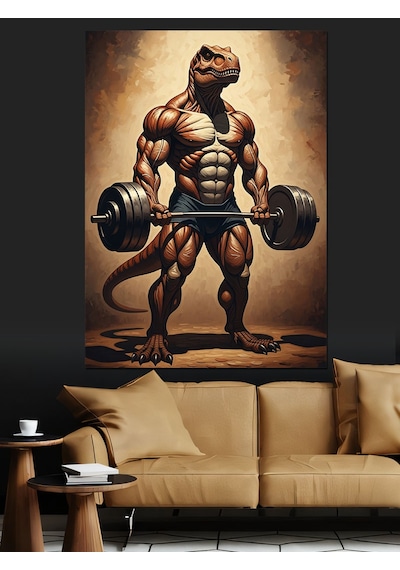Ahşap Tablo Spor Yapan Kaslı Dinozor Figürü