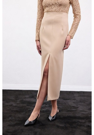 Sateen Yırtmaçlı Midi Etek - Bej-136985 Bej