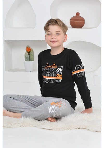 Modanino Erkek Çocuk Baskılı %100 Pamuk İnterlok Kumaş Pijama Takımı 12446 Siyah