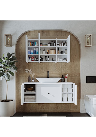 Çanak Lavabolu Mat Mdf 120 Cm Banyo Dolabı + Aynalı Dolabı Beyaz Mat Beyaz