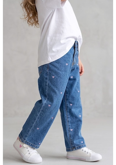 Dmb Boys & Gırls Kız Çocuk Kalp Nakışlı Denim Kot Pantolon Mavi 2-7 Yaş-2791