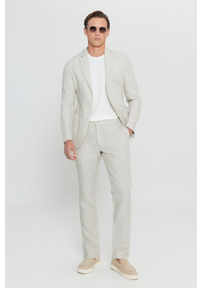 AC&Co / Altınyıldız Classics Erkek Bej %100 Keten Slim Fit Dar Kesim Mono Yaka Diagonal Desenli Torba Cepli Takım Elbise Bej