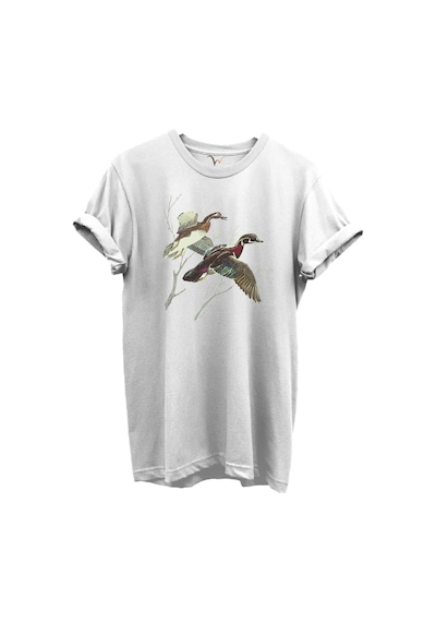 Uçan Yaban Ördekleri Çizim Baskılı %100 Pamuk Regular Fit Bisiklet Yaka Unisex T-shirt Beyaz