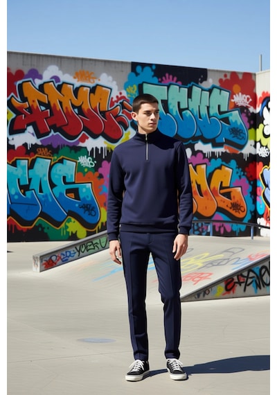 Benerly Erkek Dik Yaka Fermuarlı Standart Kol Regular Kalıp Sweatshirt Fo Lacivert