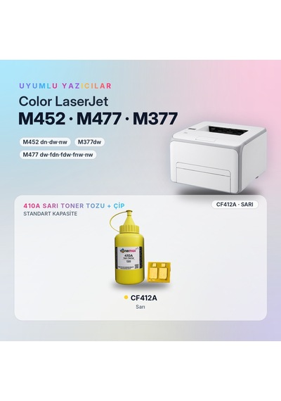 Hp 410a Cf412a Toner Tozu + Çip Sarı 120gr / Color Laserjet Pro M452 / M477 / M377