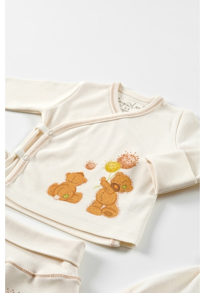 Tinylamb Fluffy Bear 4 Parça Unisex Bebek Uzun Kollu Pamuk Bodysuit Takımı Yenidoğan Ve Çocuk Hediye Seti Bej