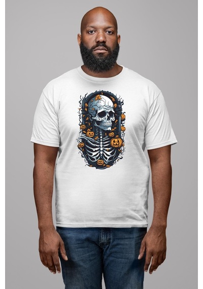 Cadılar Bayramı Kuru Kafa Unisex Unisex Beyaz Organik Baskılı T-shirt Penye Yüksek Kalite Beyaz