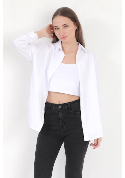 Giysa Kadın Beyaz Uzun Kollu Basic Pamuklu Oversize Gömlek - 3900 Beyaz