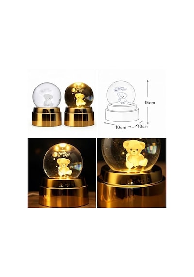 Smile Day 3d Kristal Top Gece Lambası, Teddy Bear Figürlü, Altın Rengi Tabanlı, Led Aydınlatmalı, Sevgiliye Hediye Diğer