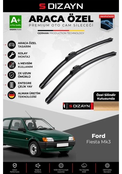 S-dizayn Ford Fiesta Mk3 Ön Cam Silecek Seti 1989-1997 Premium Araca Özel 48-48 Cm A+ Kalite Aocs-18