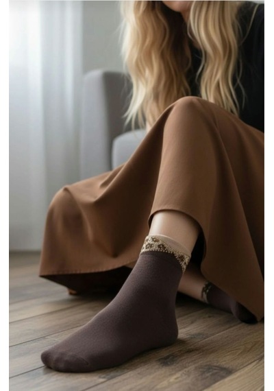 Heren Socks Heren Kurdela Desenli ,taşlı ,parfüm Kokulu, Premium Serisi 'li Kadın Soket Kahverengi - Siyah