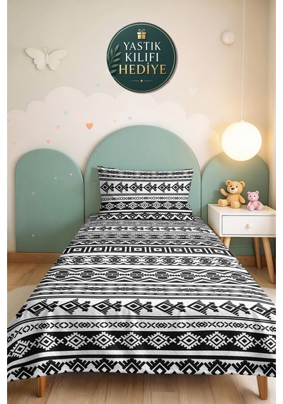 Siyah Geometrik Etnik Genç Odası Tek Kişilik Pike Takımı - Modern 160x220 Cm Kapitone Yatak Örtüsü Kumlu Anı Perdesi