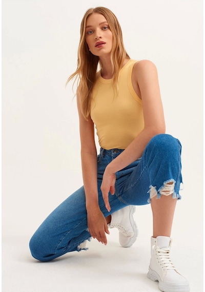Mea Capio Kadın Sarı Fitilli T-shirt Halter Yaka Örme Atlet SARI