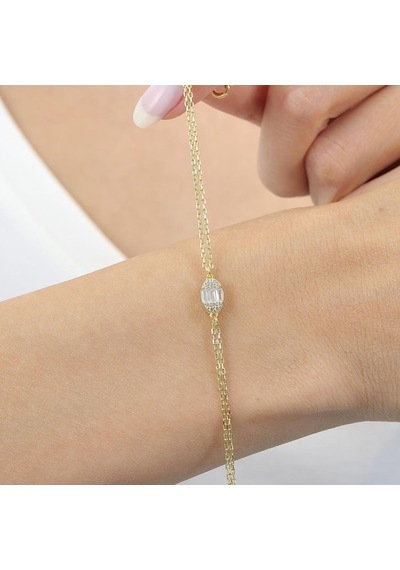 Mia Vento Pırlanta Montür Minimal Oval Baget Gold Renk Gümüş Bileklik