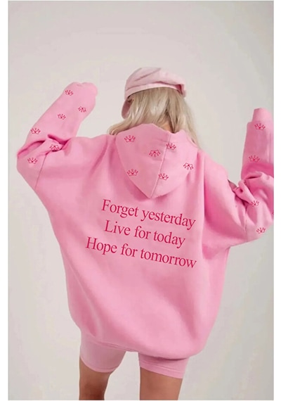 Blausee Wear Pembe Sevgililer Günü Oversize Rahat Kalıp Eye Crown Baskılı Kapüşonlu Sweatshirt Pembe