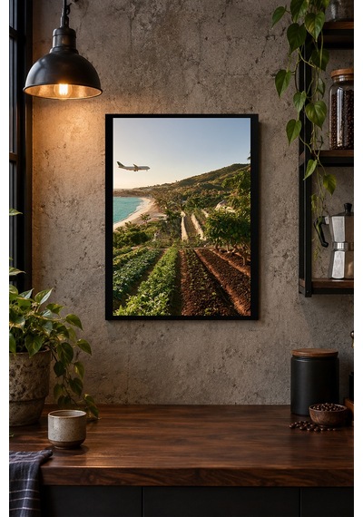 Tarlalar Ve Kıyı Manzarası Desenli Dekoratif Mdf Tablo, Çerçeve Görünümlü Ahşap Poster