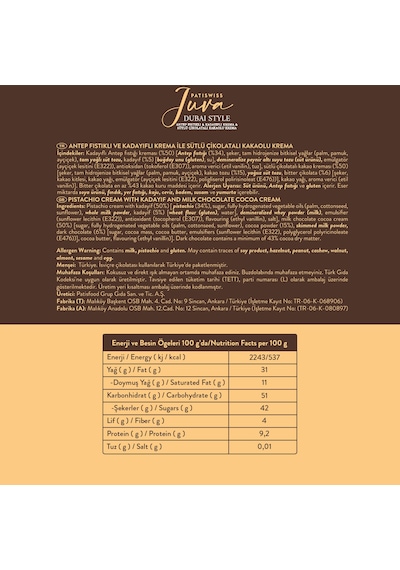 Sütlü Çikolatalı Antep Fıstığı Kreması Juva Dubai Style, 200g