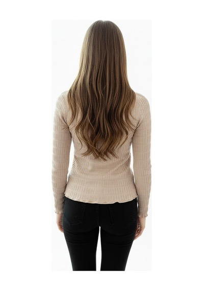 T0018 Gofreli Texture Uzun Kollu Bej Bluz